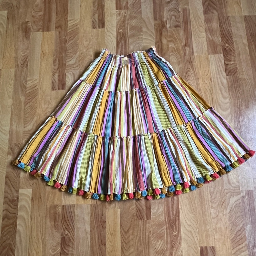 EUC Colorful Tiered Multicolor Striped Cotton Midi Skirt with Tassels sz SP - Picture 7 of 9
